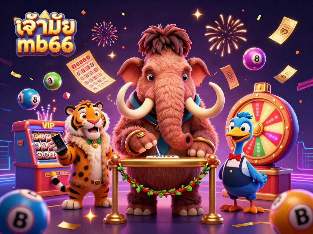 Engaging scene with the เจ้าของ mb66 bouncer checking IDs and a saber-tooth guest in a vibrant casino atmosphere.