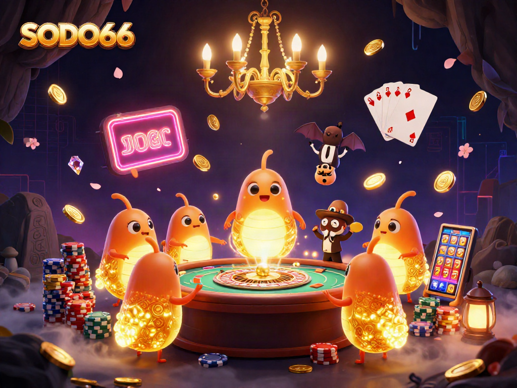 SODO66 casino glowworms and bat dealer illuminate a vibrant gaming scene filled with coins and cards.