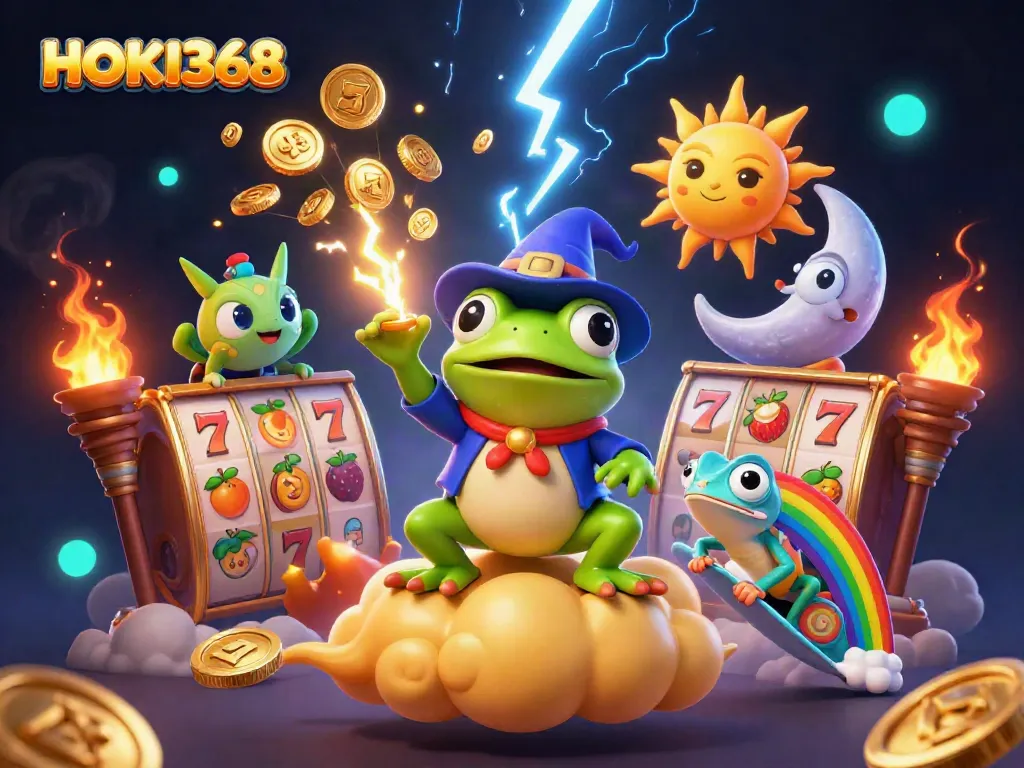Experience the thrill of winning at HOKI368 with vibrant slot reels and magical creatures.