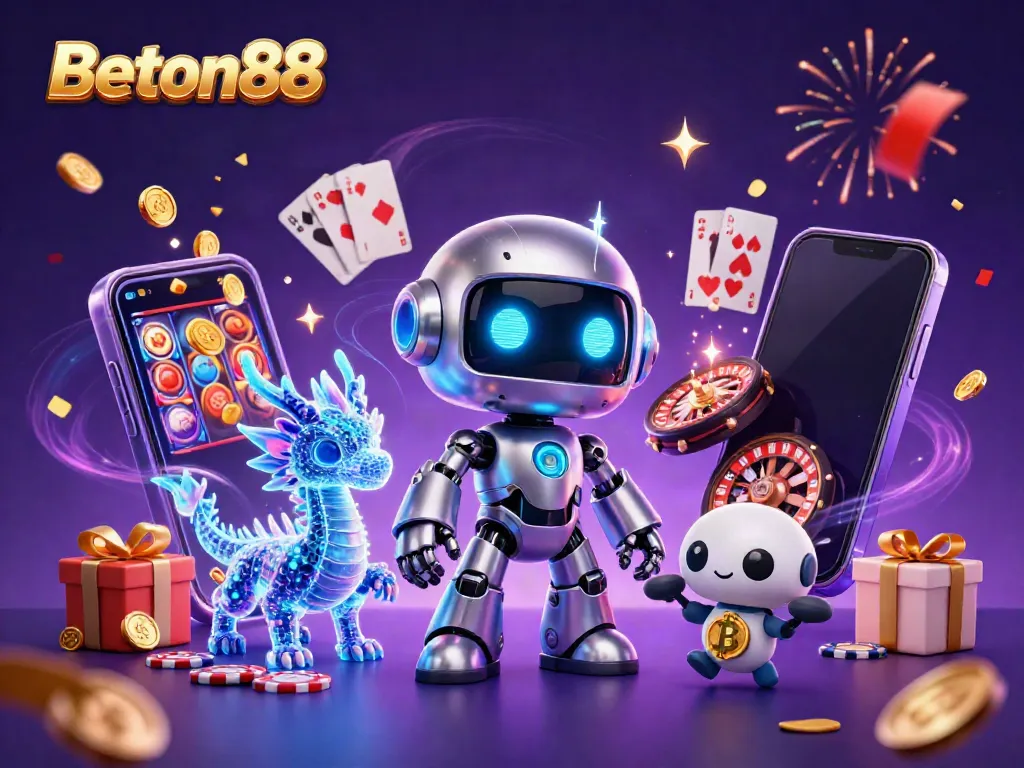 Beton88 slot permainan online dengan robot 3D, hologram naga, dan simbol bitcoin meriah.