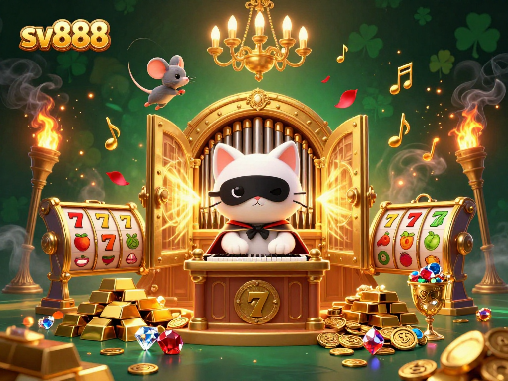 Join the excitement of sv888 with a dazzling casino scene featuring vibrant characters and treasures.