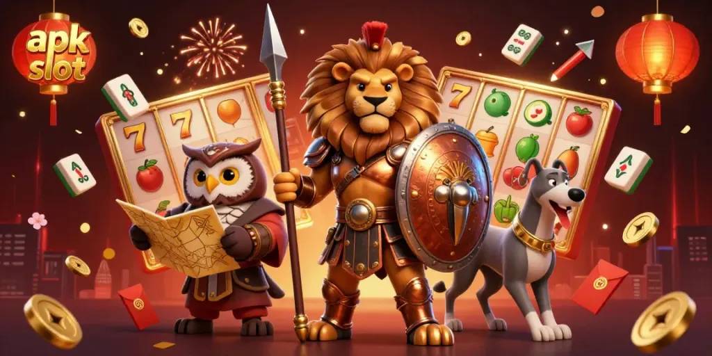 Engage with the exciting world of apk slot gaming featuring a heroic lion, an owl strategist, and a swift greyhound amidst a lively game scene.
