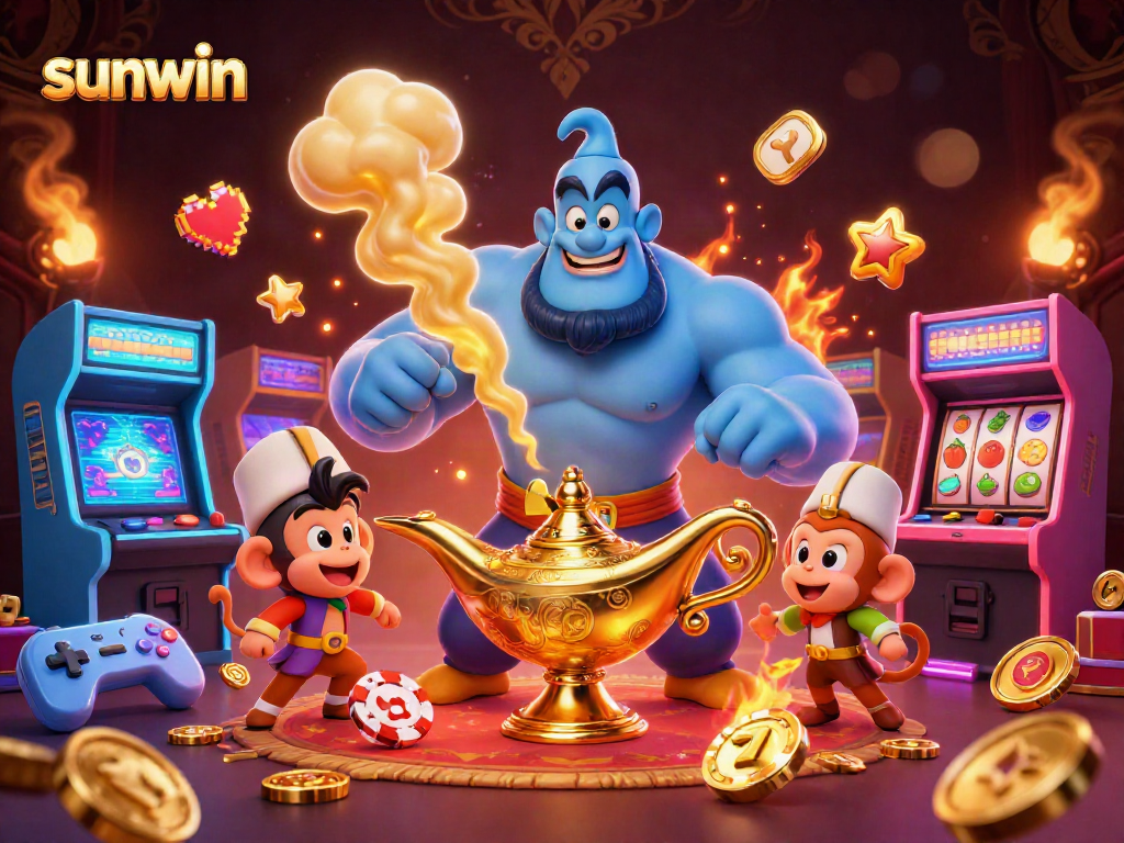 Engage with sunwin's thrilling gaming experience featuring a powerful genie and vibrant casino elements.