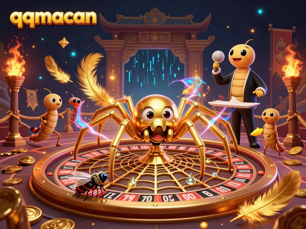 Spin the roulette wheel with qqmacan's golden spider croupier managing bets in a vibrant scene.