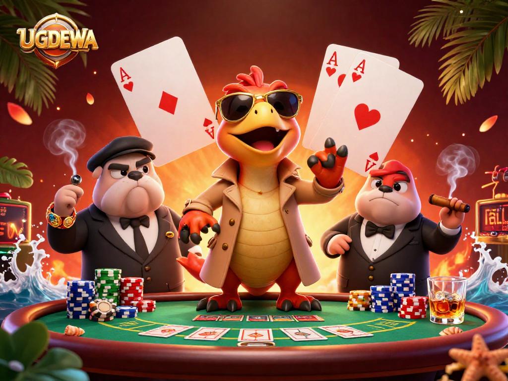 Experience the excitement at UGDEWA with a comedic scene of raptors sneaking into a VIP casino lounge.