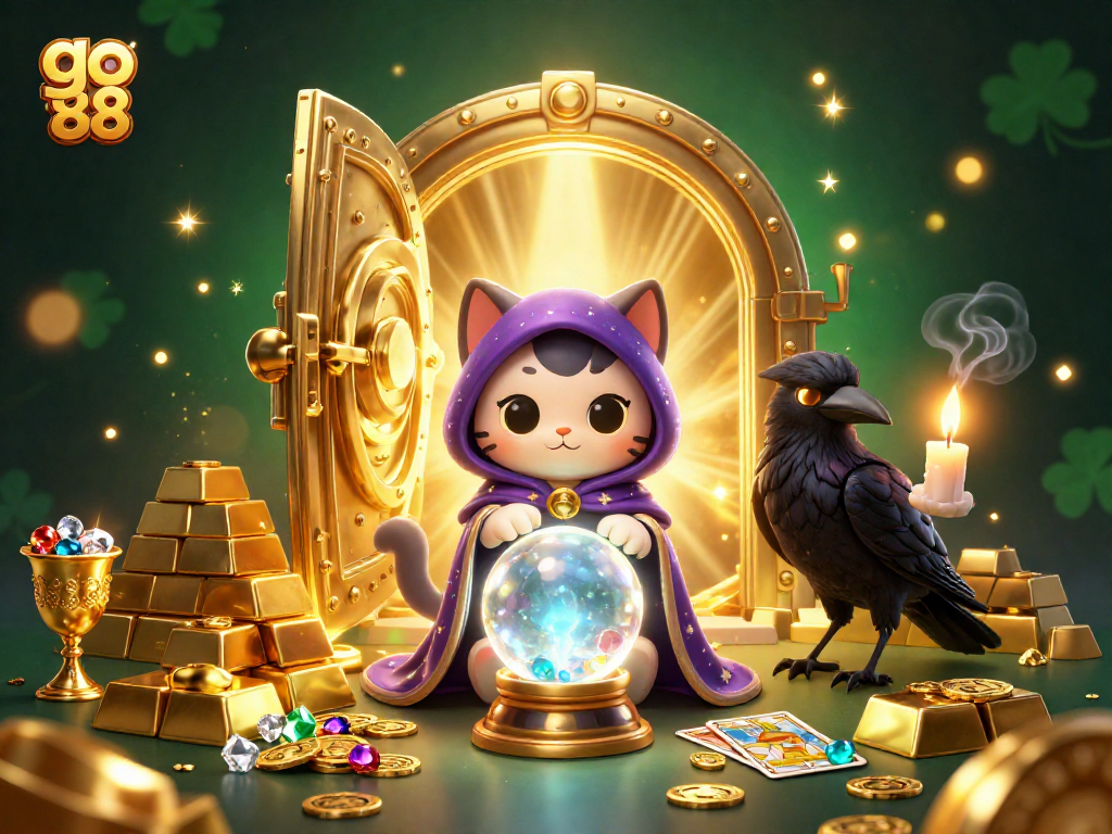 Engage in thrilling gameplay at go 88 as a mystical cat and raven unveil treasures and surprises.