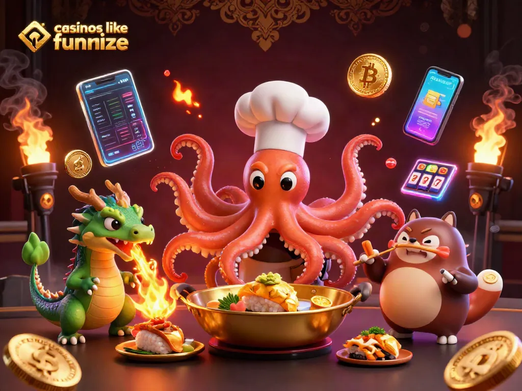 Spin exciting games like casinos like funrize featuring a dynamic illustrated scene with an octopus chef and a dragon.