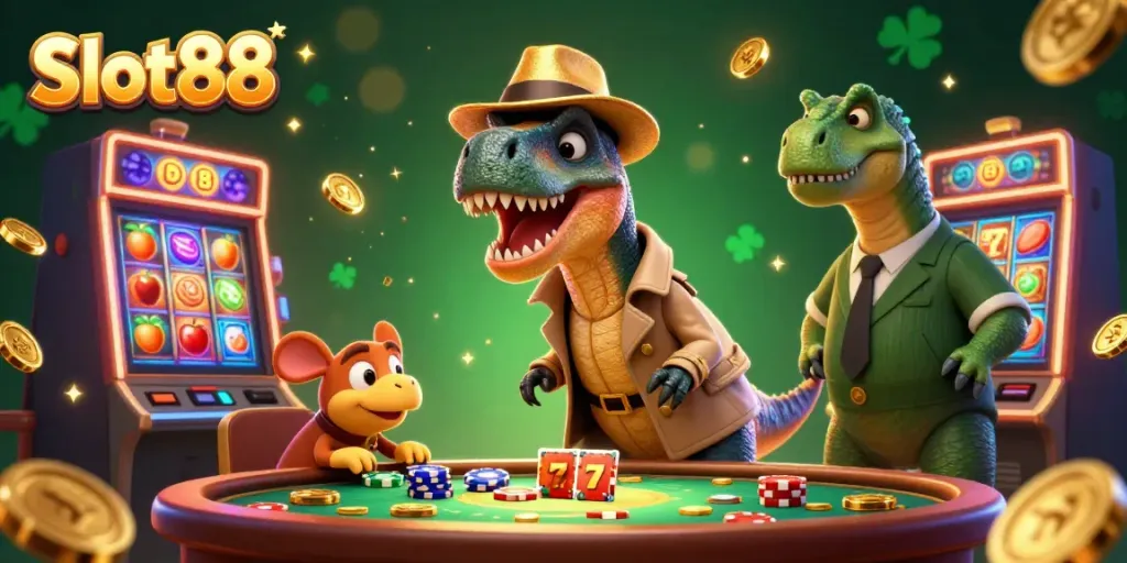 Play Slot88 with animated characters, card counting velociraptor and tipping stegosaurus in vibrant casino.