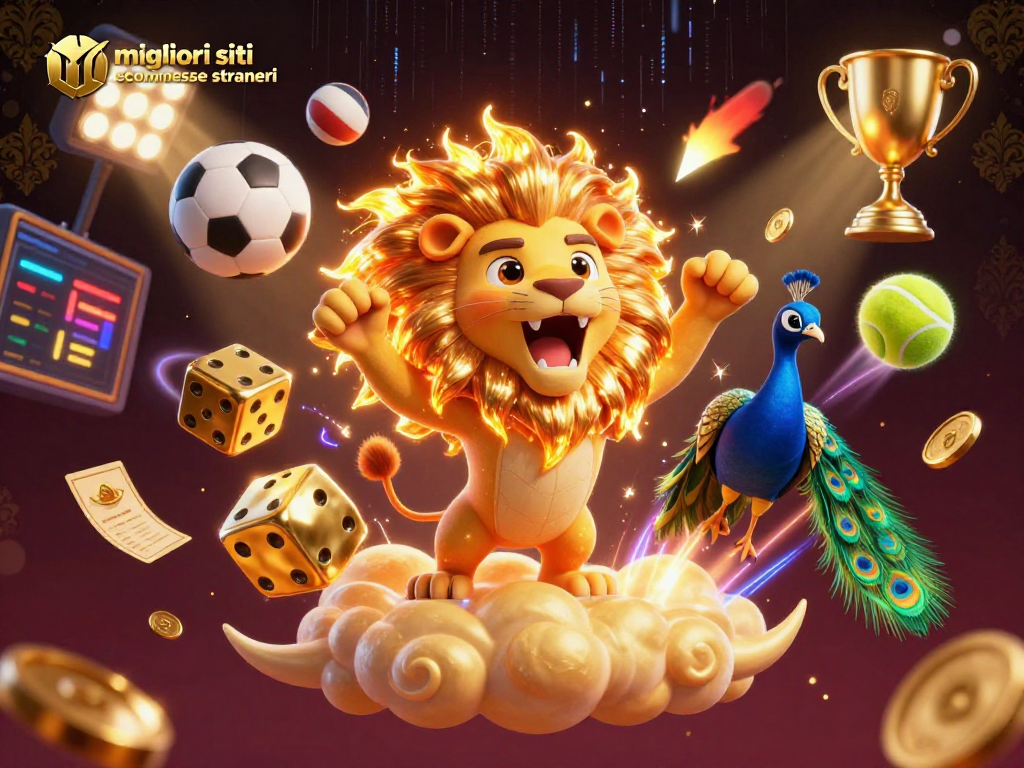 In questa illustrazione vivace si osservano i migliori siti scommesse stranieri tra cui un leone solare trionfante e sportivi elementi dinamici.
