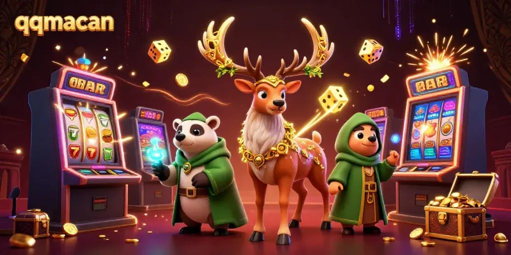 Experience the thrill of QQMacan with 3D characters celebrating massive slot jackpots and exciting game elements.