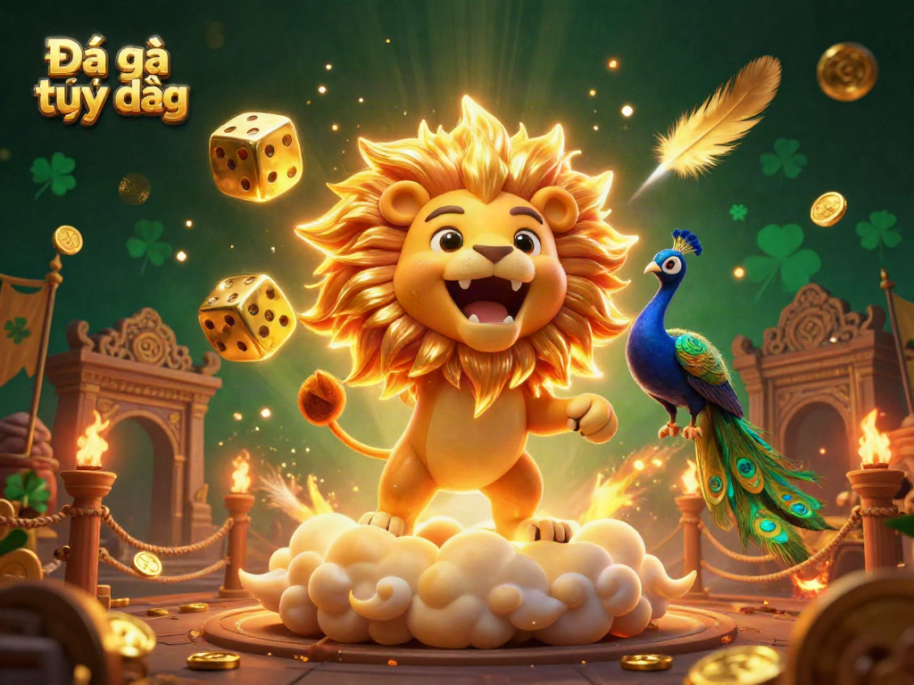 Experience the thrill of Đá gà trực tiếp with dynamic scenes of roaring lions and golden dice.