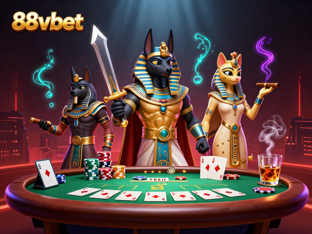 Engage in poker thrills with 88vbet: Anubis and Bastet in an epic casino scene.