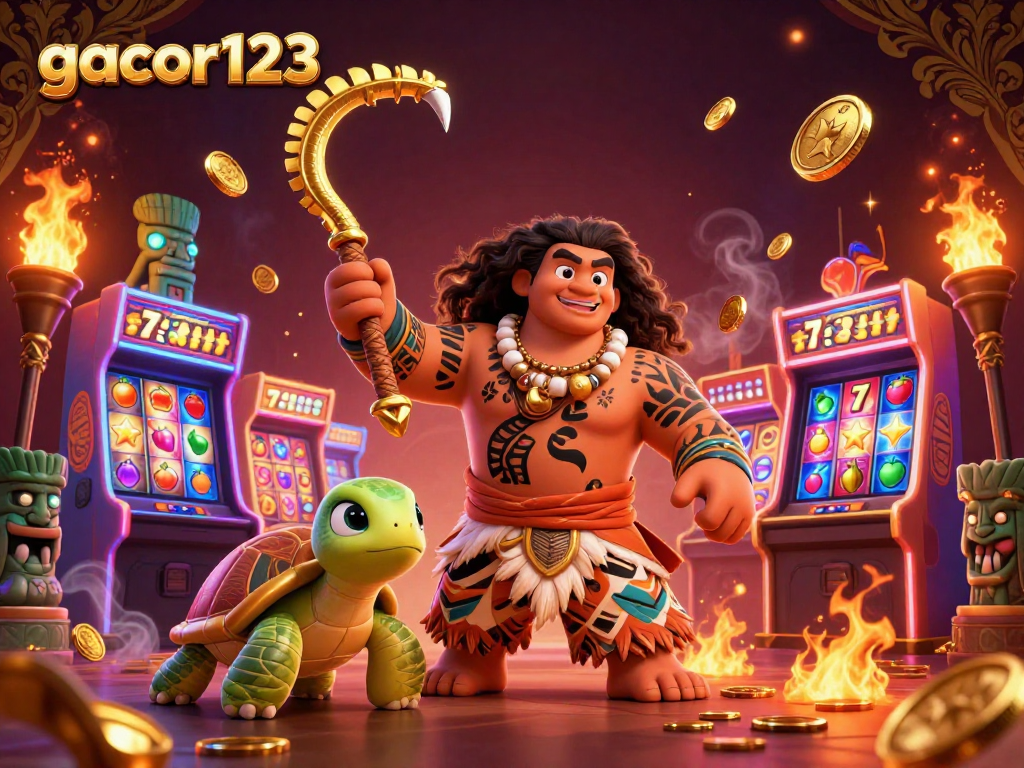 Join the excitement with gacor123 as colorful slot machines spin and golden coins cascade in this vibrant casino illustration.