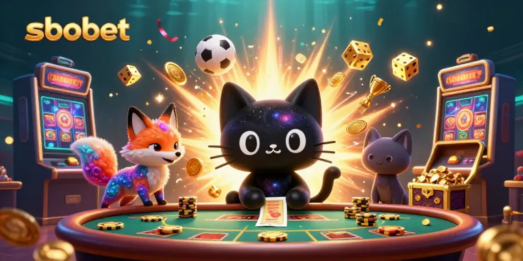 SBOBET enhances gaming excitement with a cosmic cat and colorful fox amidst a vibrant casino scene.