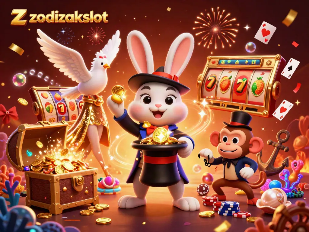 Zodiakslot menghadirkan ilustrasi slot yang menarik dengan karakter kartun berinteraksi di lingkungan casino yang penuh warna.