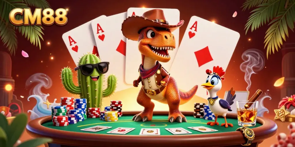 Experience dynamic gaming at CM88 with T-Rex and friends around a vibrant poker table.