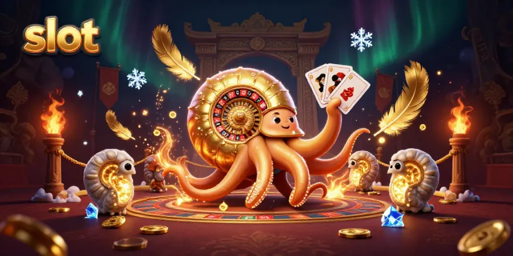 Menghadapi slot pada pengalaman kasino 3D dengan nautilus raksasa, kartu dan koin bersinar