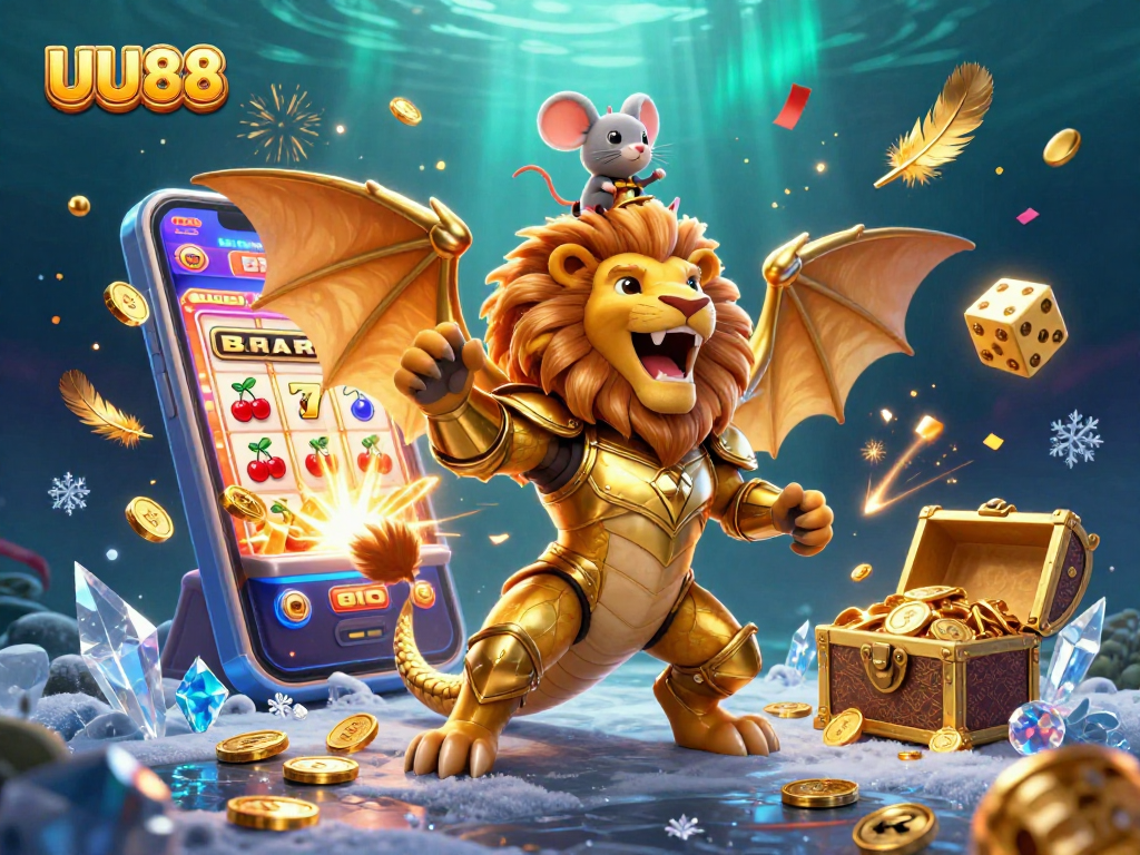 Experience thrilling gameplay at UU88 with triumphant chimera, lively slot machines, and colorful casino elements.