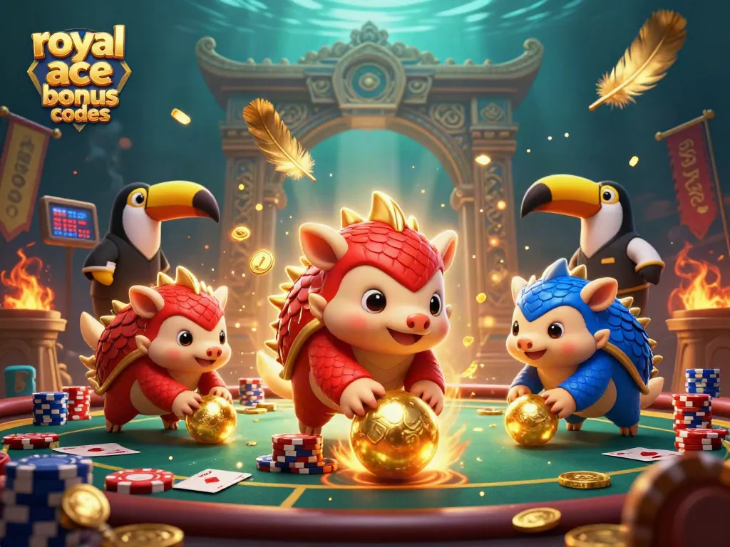 Experience royal ace bonus codes with pangolins bowling poker chips in a vibrant casino scene.
