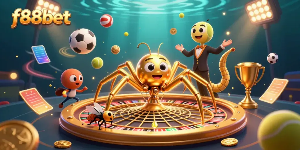 Engage in thrilling action at f88bet's roulette wheel with golden spider and centipede croupier.