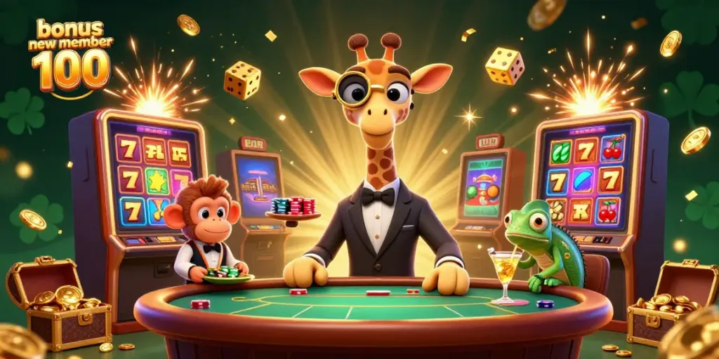 Experience thrilling action with bonus new member 100 in a vibrant casino scene filled with joy and excitement.