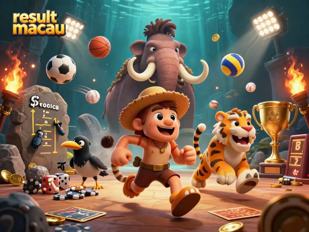 Experience thrilling results macau with a lively prehistoric casino scene showcasing dynamic game elements.