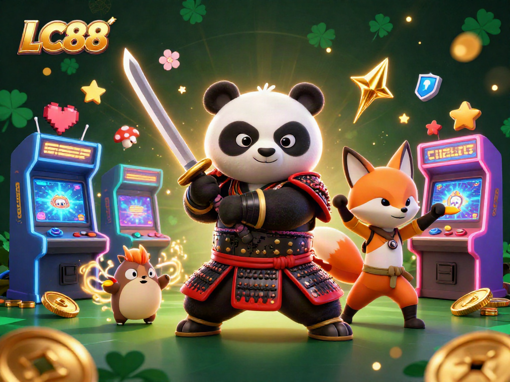 Play exciting games at LC88 with samurai panda and ninja fox showcasing thrilling casino elements.