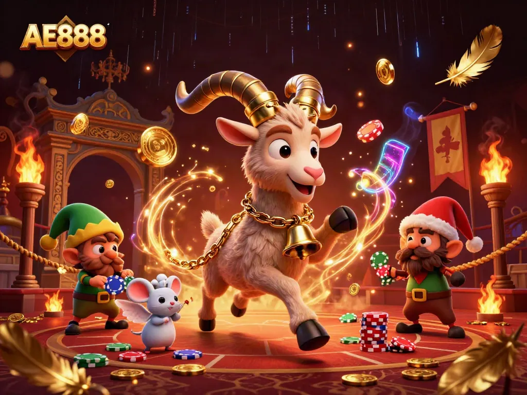 Experience the AE888 casino with festive Krampus and mischievous elves in a vibrant 3D setting.
