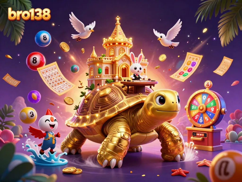 Experience thrilling gaming at bro138 with dynamic visuals of a golden tortoise casino, vibrant game elements, and energetic atmosphere.