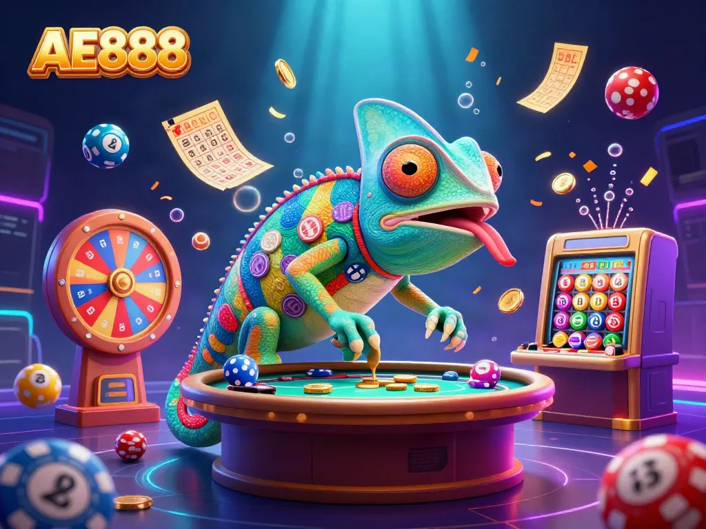 Engage with AE888's vibrant casino universe featuring a chameleon owner and dynamic lottery elements.