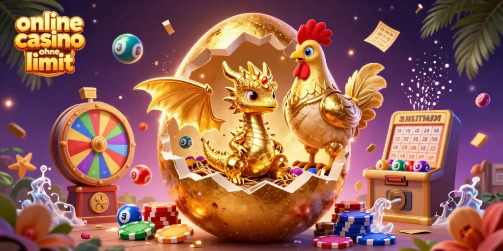 Engage in vibrant gaming at an online casino ohne limit with golden dragon and poker chips.