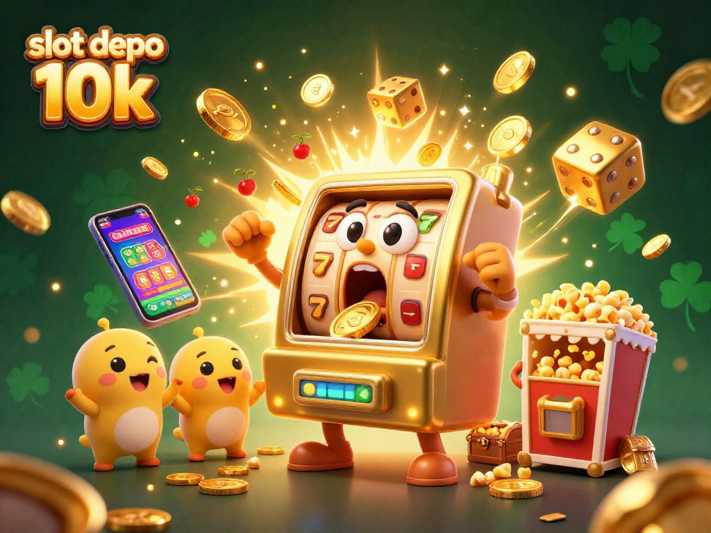 Celebrate your wins with slot depo 10k as cartoon slot machines hit jackpots amidst a burst of coins.