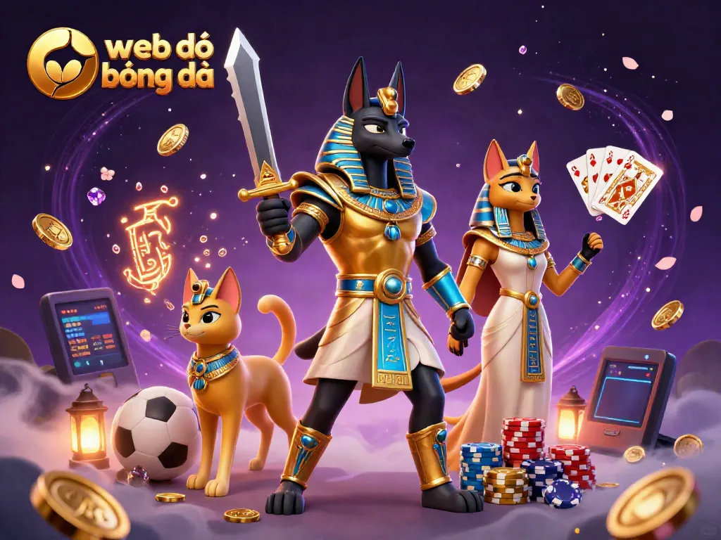 Engage with web cá độ bóng đá featuring an epic scene of Anubis surrounded by dynamic betting elements.