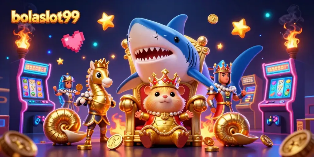 Engage with bolaslot99: a vibrant casino scene with a fierce hamster king and slot symbols.