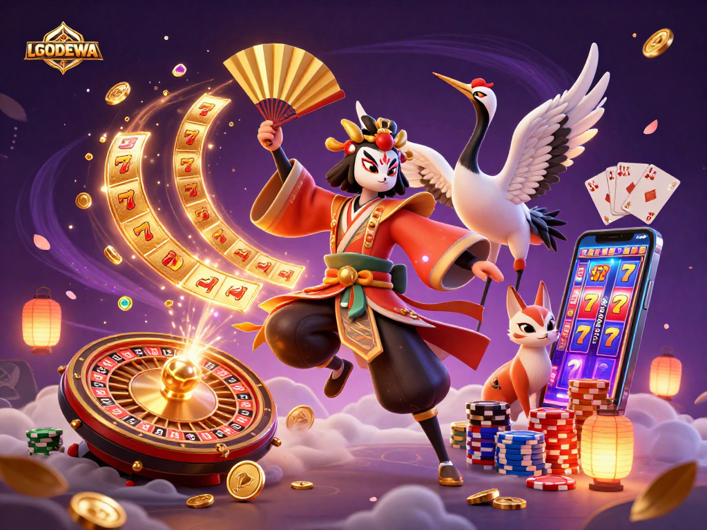 Win big with LGODEWA in this captivating 3D casino illustration showcasing vibrant characters and dynamic game elements.