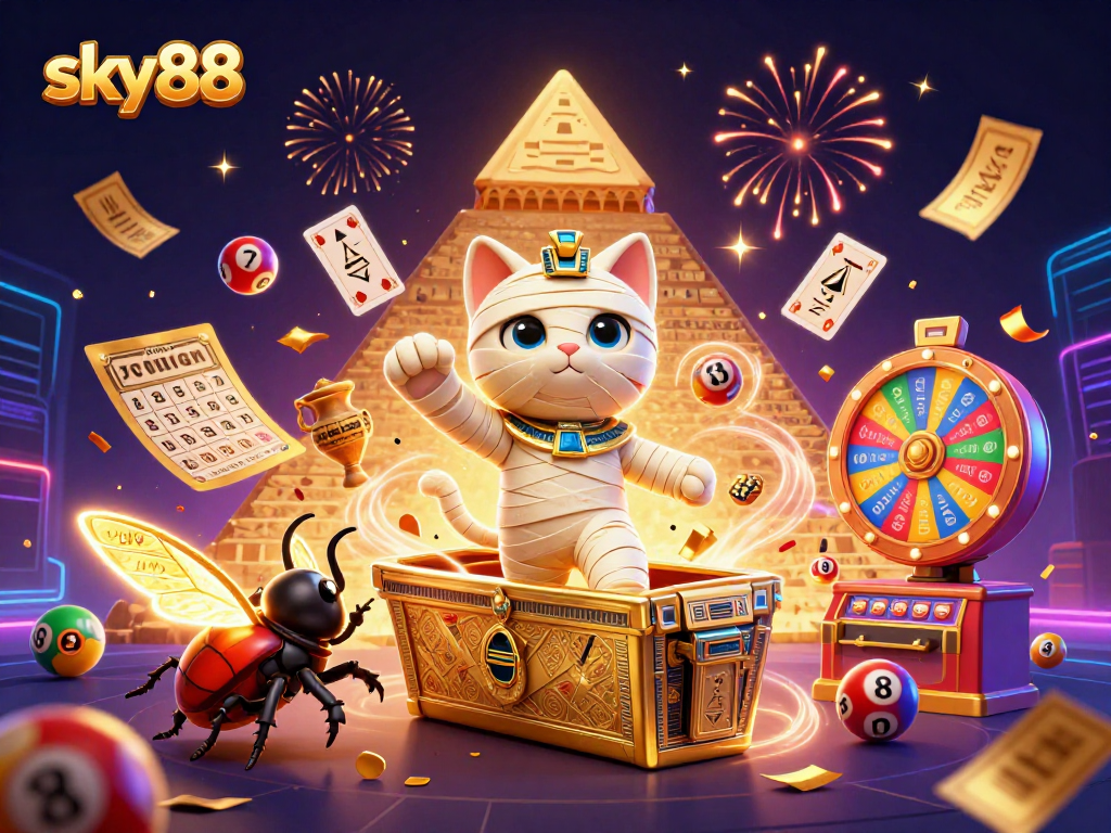Experience exciting gameplay at sky88 with a 3D cartoon Egyptian mummy cat in a vibrant casino scene.