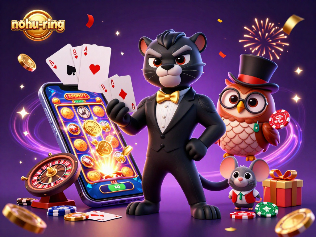 Engage with the thrilling nohu-ring game featuring colorful slot reels and animated casino elements.