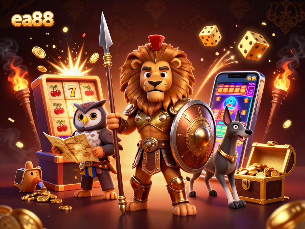 Feel the thrill of ea88 as the Spartan lion claims a jackpot amidst vibrant casino elements and excitement!