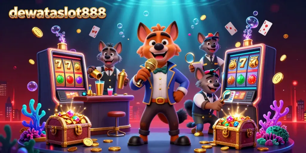 Hyena lucu di kasino slot dewataslot888, tampilkan keseruan dan keberuntungan dengan simbol slot.