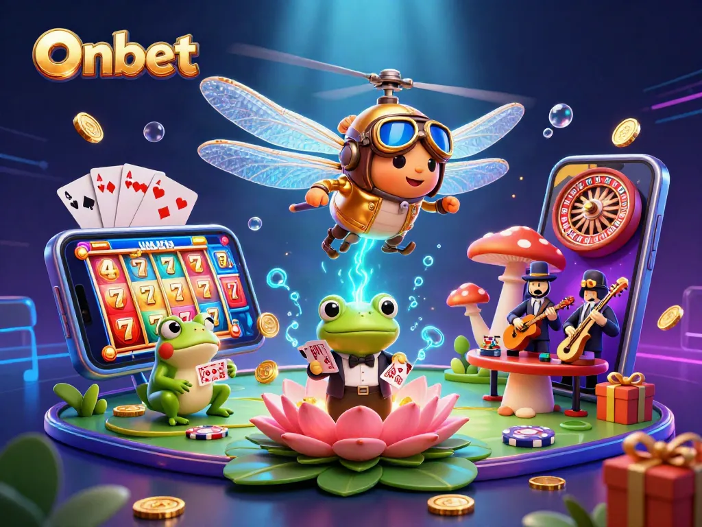 Immerse in Onbet's vibrant casino world with a dragonfly pilot and frog dealer amidst action.
