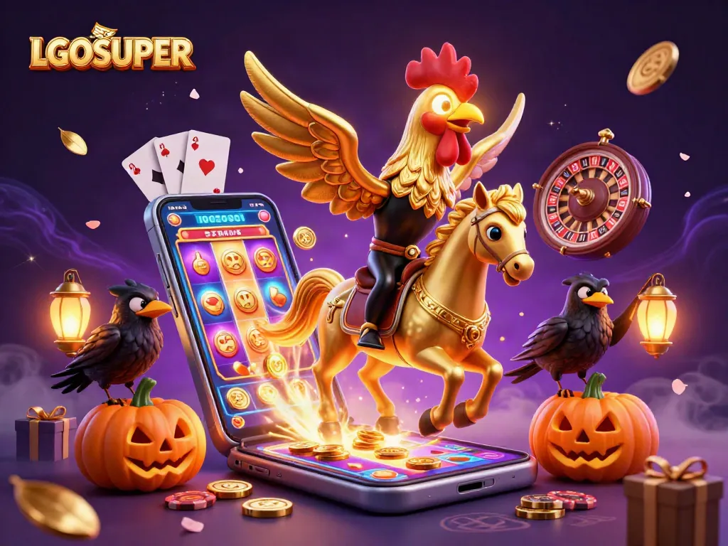 Spinning slot reels and golden coins surround the LGOSUPER golden rooster headless horseman in a vibrant casino scene.