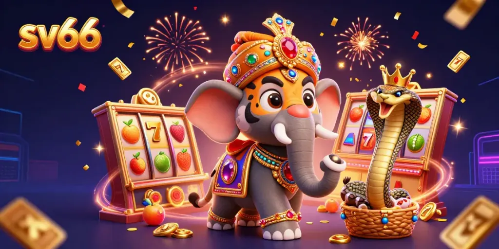 Play with sv66 in a vibrant casino scene featuring a majestic tiger and slots.