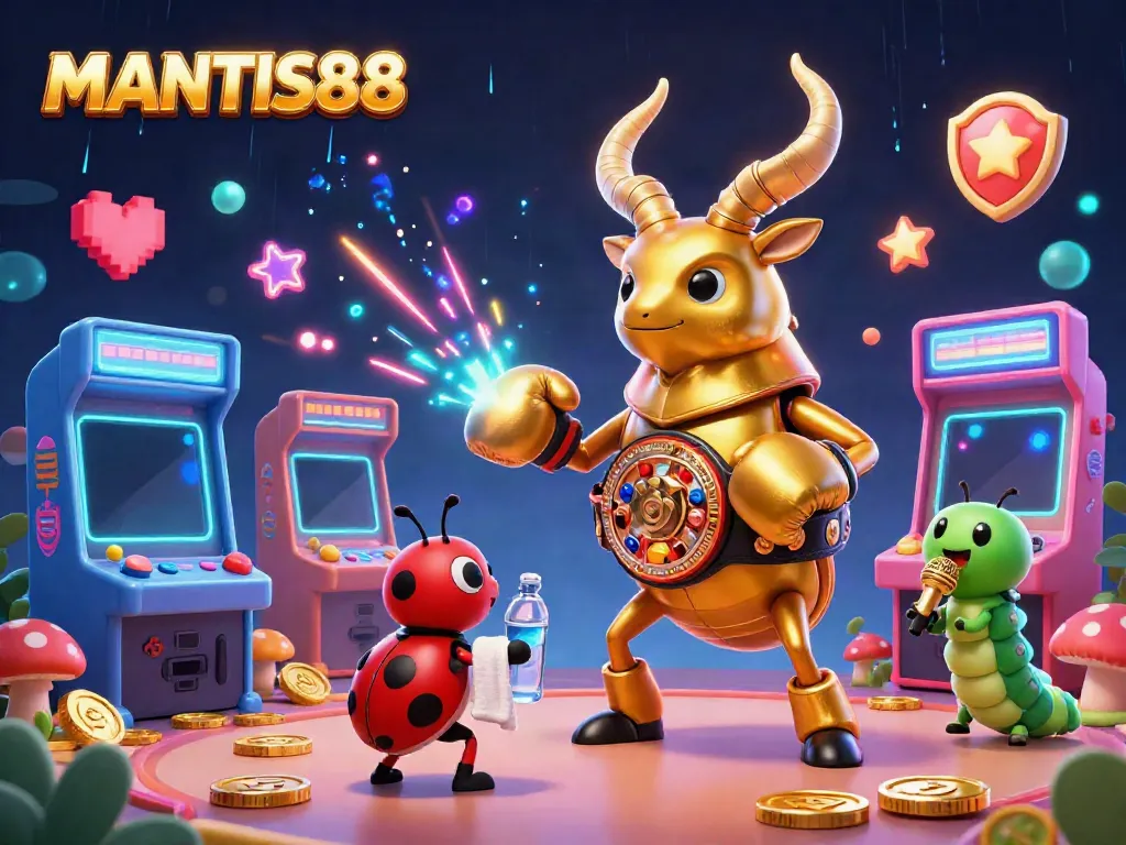 Engage with MANTIS88 in a vibrant 3D casino scene featuring animated characters and gaming elements.