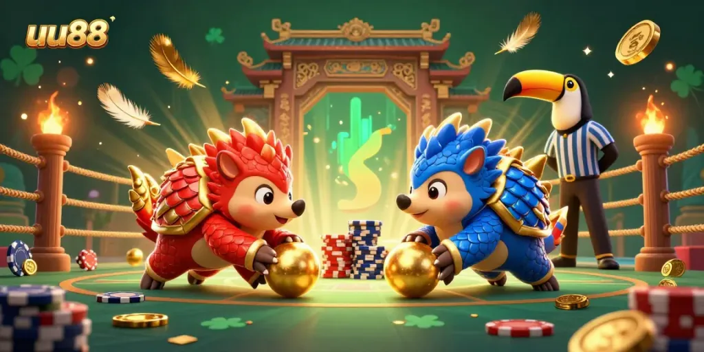 Experience thrilling gameplay at uu88 as pangolins roll through poker chips in this vibrant casino scene.