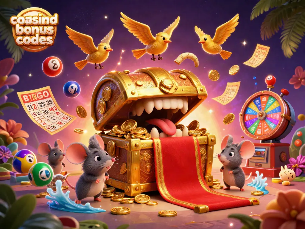 Experience the excitement of chanced casino bonus codes with colorful lottery elements and treasure chests in a dynamic scene.