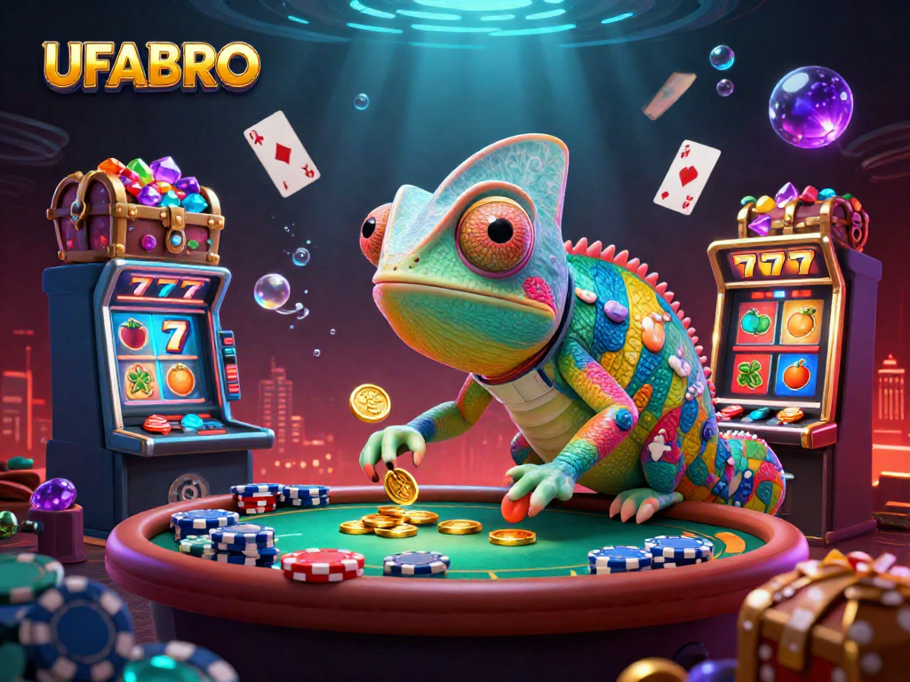 Experience thrilling casino action with UFABRO's vibrant chameleon owner amidst spectacular slot games.