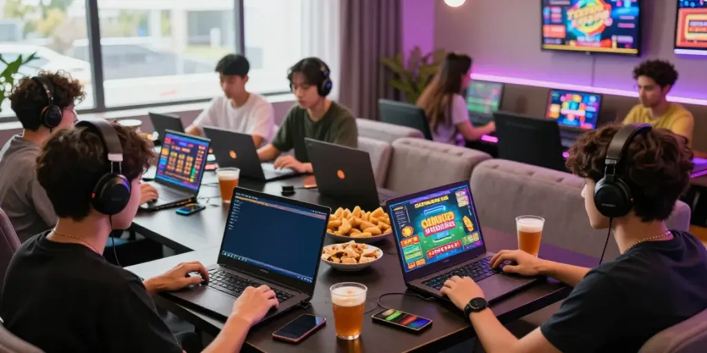 Exciting scene of players enjoying toto togel games in a modern gaming room, showcasing a lively and engaging atmosphere.