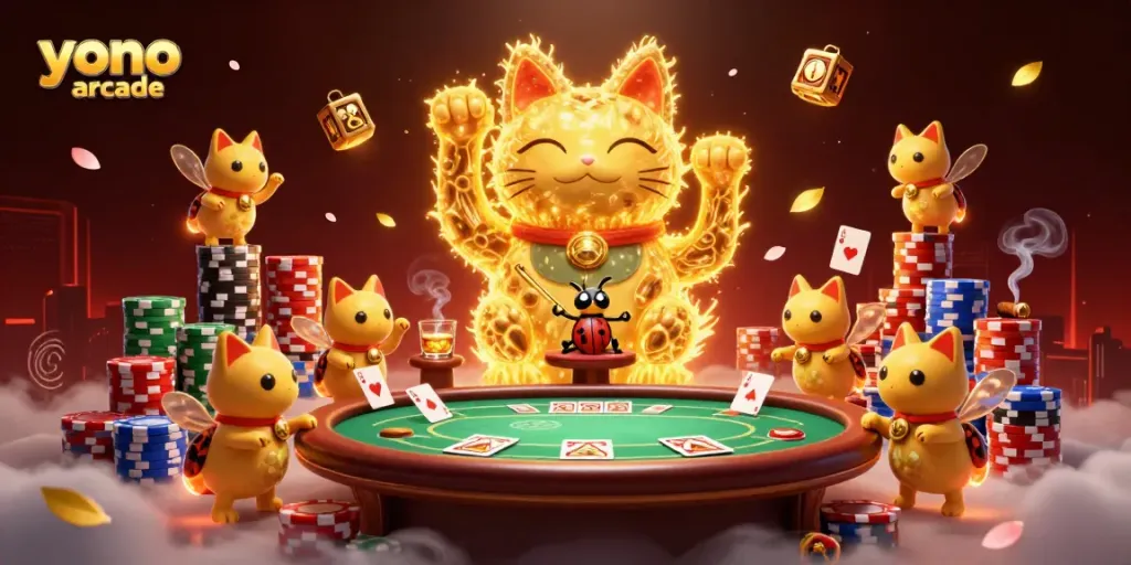 Experience dynamic gameplay in yono arcade with a vibrant illustration of a lucky cat and poker elements.