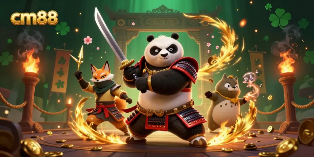 Engage in thrilling gameplay with cm88, featuring a dynamic scene including a samurai panda, ninja fox, and magical tanuki.