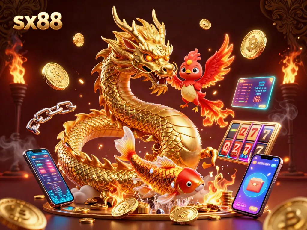 Experience winning moments with sx88 in a vibrant casino scene showcasing a golden dragon, phoenix, and coins.